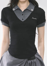 Fake Two-Piece Straight Shoulder Short Sleeve Top
